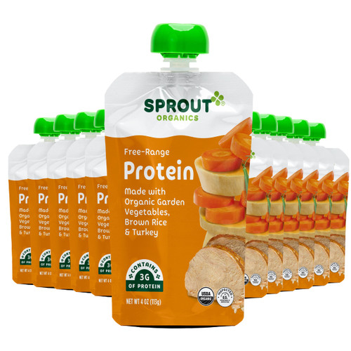 Sprout Organic Baby Food Pouches Stage 3, Organically Sourced Meat Protein, Garden Vegetables Brown Rice w/ Turkey, 4 Ounce (Pack of 12)