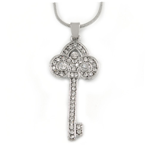 Avalaya Clear Crystal Key Pendant with Silver Tone Snake Style Chain - 40cm L/ 5cm Ext