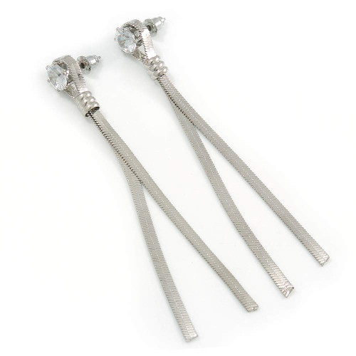Silver Tone Chain Clear CZ Dangle Earrings - 8cm Long