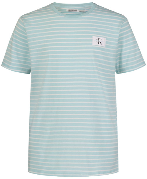 Calvin Klein Boys' Short Sleeve Striped Crew Neck T-Shirt, Soft, Comfortable, Relaxed Fit, Linear Light Blue, 7