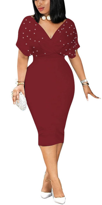 Hotheart Womens Sexy V-Neck Short Sleeve Beading Solid Color Package Hip Dress Nightclub Package Hip Dress Red Hotheart Womens Sexy V-Neck Short Sleeve Beading Solid Color Package Hip Dress Nightclub Package Hip Dress Red