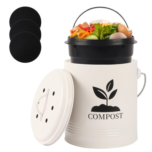 Compost Bin Kitchen Countertop, Indoor Compost Bin with Inner Bucket, 1.15 Gallon Small Compost Bin with Lid, Indoor Composter Bin Counter Compost Pail Food Waste Bin Includes 3PCs Carbon Filter Cream