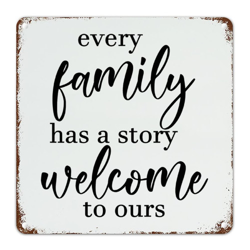 Every Family Has A Story Welcome to Ours Retro Metal Plaque Tin Sign Christian Inspirational Quote Vintage Metal Sign Poster Bible Metal Tin Sign Laundry Room Office Decor Gift to Christian