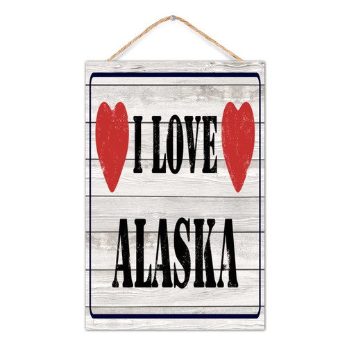 I LOVE Alaska Wood Sign Plaque Wall Decor Personalized United States Long Distance Signs Vertical Wooden Signs for Home Laundry Pantry 8x12in