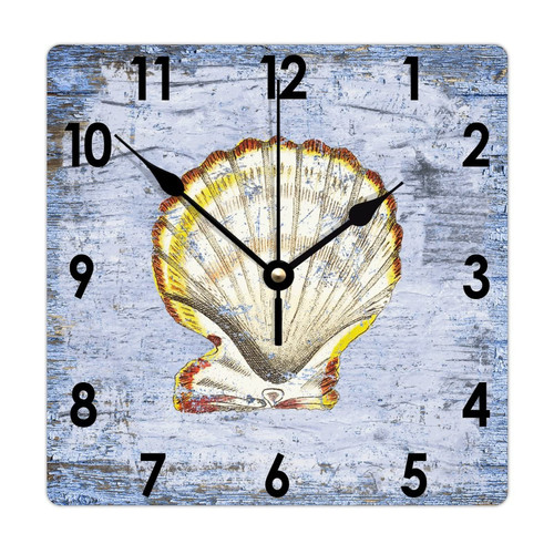 Augwed Sea Ocean Life Coastals Beach Clock Vintage Sea Shell Square Wood Clocks Silent Non Ticking Battery Operated Wall Clock Wall Decor 10inch Clock for Laundry Room Bedroom