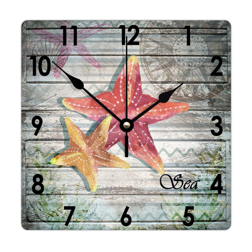 Augwed Beach Sea Life Clock Beach Starfish Square Wood Clocks Silent Non Ticking Battery Operated Wall Clock Wall Decor 10inch Clock for Laundry Room Bedroom