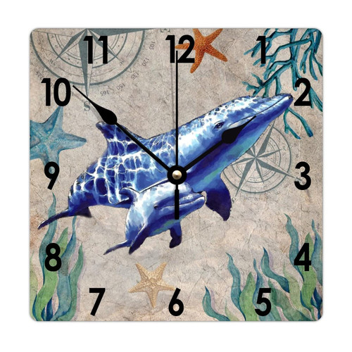 Augwed Nautical Beach Ocean Theme Shells Sea Animal Clock Beach Scene Ocean Theme Square Wood Clocks Silent Non Ticking Battery Operated Wall Clock Wall Decor 10inch Clock for Laundry Room Bedroom