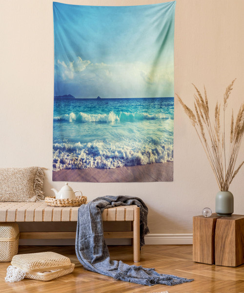 Ambesonne Tropical Island Tapestry, Ocean Waves on Seychelles Beach at the Sunset Time Skyline, Wall Hanging for Bedroom Living Room Dorm Decor, 60" X 80", Turquoise Sky Blue Umber