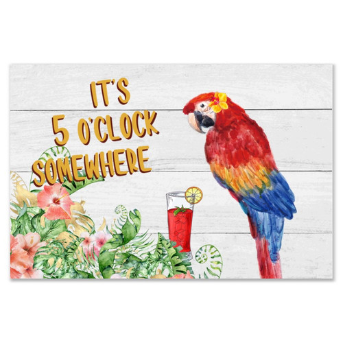 It's Five O'clock Somewhere Wood Signs Funny Laundry Primitive Decor Wooden Plaque Sign Retro Beach Vacation Drinking Parrot Wood Wall Sign for Kitchen Offices 8x12 Inch