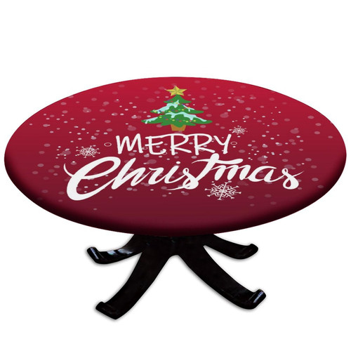SongYi Xmas Round Fitted Tablecloth, Merry Christmas Elastic Edge Polyester Decorative Table Clothes, Fit for 28" Round Table, Waterproof Stain Proof Table Cover for Festival Party Decor Use