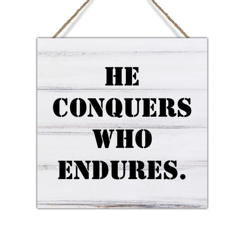 ArogGeld He Conquers Who Endures Wood Wall Plaque Motivational Quotes Christian Wall Decor Wood Signs Rustic Farmhouse Wall Home Decorations Sign Home Kitchen Laundry Room Wall Decor Christian Gift