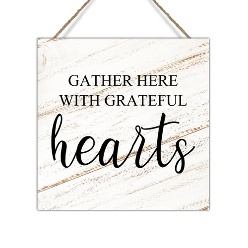 Gather Here With Grateful Hearts Wood Sign Plaque Bible Verse Christian Scripture Wooden Signs Plaques Farmhouse Rustic Home Decoration Wood Sign Home Kitchen Laundry Room Wall Decor Christian Gift