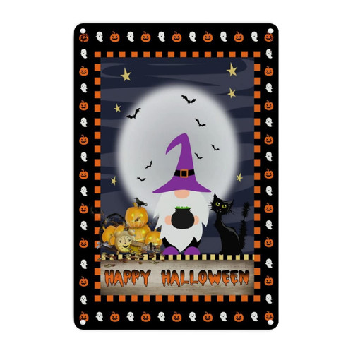 Vintage Metal Sign Poster Happy Halloween Night Cat Gnome with Pumpkin Metal Art Sign Halloween Party Fall Seasonal Metal Tin Sign Fall Decor Gift Sign for Laundry Room Living Room 8x12in