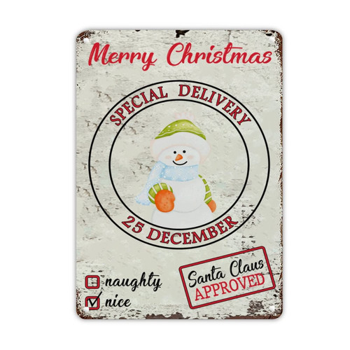 Special Delivery 25th December Tin Metal Sign Merry Christmas Snowman Metal Tin Sign Retro Merry and Bright Plaque Metal Sign Metal Decor Wall for Entry Roads Gates Barns Silos Stables 14x10in