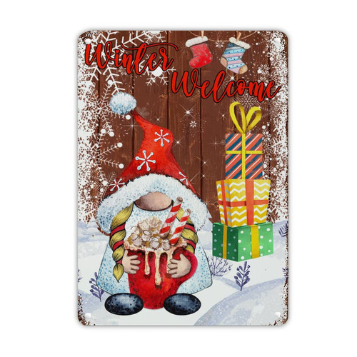 LeforYCL Winter Welcome Metal Sign Christmas Tree Gnome Snowflake Art Tin Sign Classic Holy Night Garage Signs Patio Metal Wall Sign for Entry Roads Gates Barns Silos Stables 14x10in