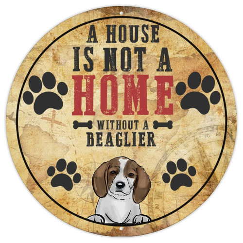 Beaglier Funny Dog Metal Tin Sign A House is Not A Home Without A Beaglier Vintage Farmhouse Signs Dog Paw with Red Heart Metal Signs Dog Owner Pet Men Cave Signs for Laundry Room Front Porch