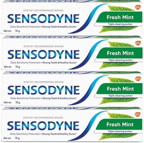 Sensodyne Fresh Mint Sensitive Toothpaste, Strong Teeth and Healthy Gums, Triple Cleaning Action, 2.64 Oz (75g) Pack of 4