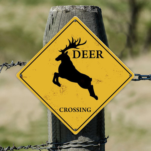 Deer Crossing Warning Aluminum Sign Shot Up Tin Metal Sign Antique Customized Iron Painting Sign Decorative for Entry Roads Gates Barns Silos Stables 12x12in