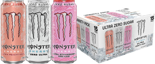 Monster Energy Ultra Variety Pack, Zero Ultra, Ultra Peachy Keen, Ultra Strawberry Dreams, Sugar Free Energy Drink, 16 Ounce (Pack of 15)