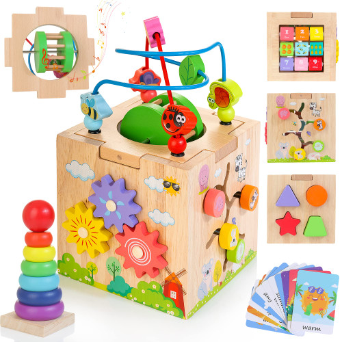 WOODMAM Wooden Activity Cube, 8-in-1 Montessori Toys for 1 Year Old, Bead Maze Stacking Board First Birthday Gift, Educational Learning Toys for Toddler Boys Girls Age 1-2 WOODMAM Wooden Activity Cube, 8-in-1 Montessori Toys for 1 Year Old, Bead Maze Stacking Board First Birthday Gift, Educational Learning Toys for Toddler Boys Girls Age 1-2
