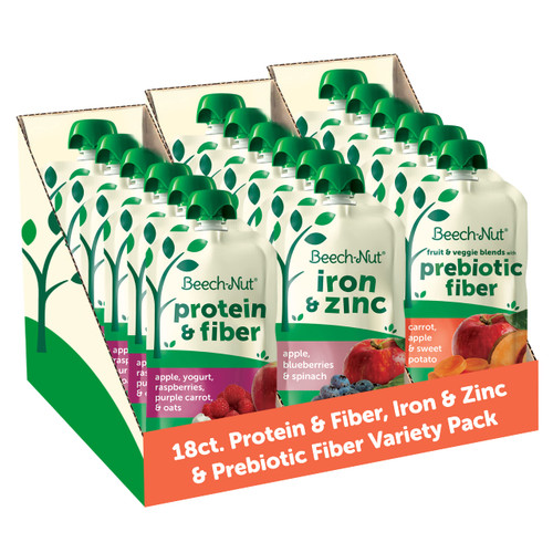Beech-Nut Baby & Toddler Food Pouches Variety Pack, Protein & Fiber/Iron & Zinc/Prebiotic Fiber Fruit & Veggie Purees, 3.5 oz (18 Pack)