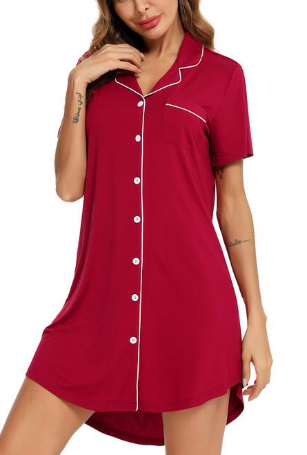 Samring Women's Nightshirt Short Sleeve Button Down Nightgown V-Neck Sleepwear Pajama Dress Red XL Samring Women's Nightshirt Short Sleeve Button Down Nightgown V-Neck Sleepwear Pajama Dress Red XL