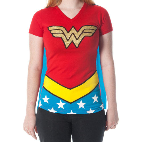 Wonder Woman Glitter Logo Juniors Costume Cosplay Cape T-Shirt Tee Shirt DC Comics (Medium) Red Wonder Woman Glitter Logo Juniors Costume Cosplay Cape T-Shirt Tee Shirt DC Comics (Medium) Red