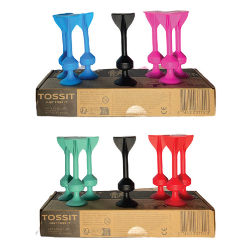 TOSSIT Game Set - Indoor, Outdoor Suction Cup Throwing Party Game - Family Friendly - 2X Set Red Cyan Pink Blue - Portable Fun That Sucks!