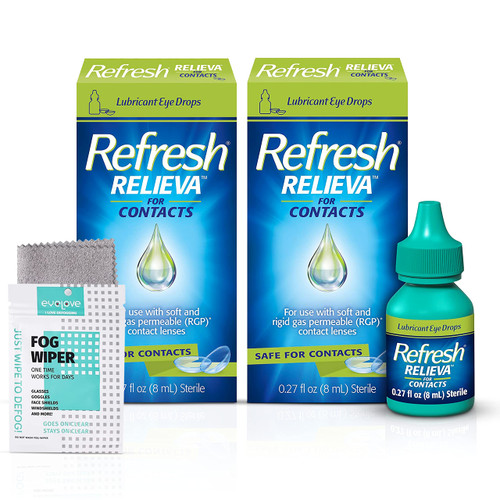 Refresh Relieva for Contacts, 2 Bottles of 0.27 Fl Oz Lubricant Eye Drops (Totaling 16ml), Bundled with One Reusable Anti Fog Cloth for Eyeglasses (2 Pack -16 ML)