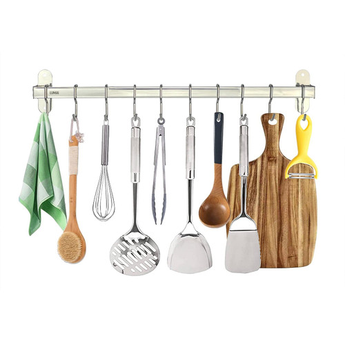 LUMAI Hanging Utensil Holder & Pan Hanger: Stainless Steel Kitchen Rail 10 Hooks, Kitchen Utensil Hanger, Kitchen Hooks for Hanging Utensils & Hanging Pan Rack, Kitchen Utensil Rack