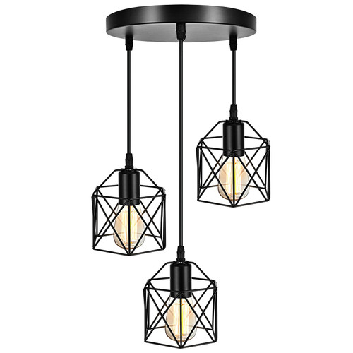 3-Light Industrial Pendant Lighting, Adjustable Hanging Pendant Light Fixture, Rustic Cage Lights Fixture for Kitchen, Dining Room, Bedroom, Hallway ( Black)
