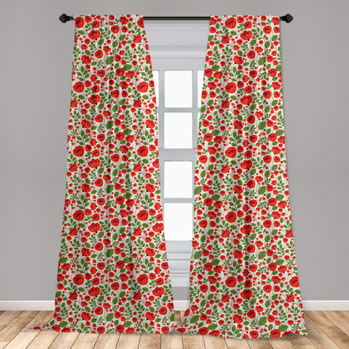 Lunarable Poppy Flower Curtains, Pattern in Retro Style withs Petals and Green Foliage, Window Treatments 2 Panel Set for Living Room Bedroom, Pair of - 28" x 84", Vermilion Beige