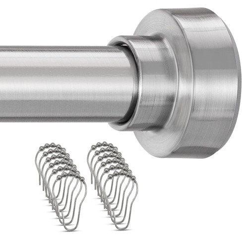 YNL Shower Curtain Rod Tension- No Drill, Never Rust, Non-Slip Tension Rods for Bathroom, 34-52 inches, Closet Rod Stainless Steel, Brushed Nickel, 12 Shower Curtain Rings