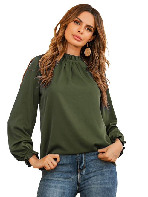 LYANER Women's Frill Mock Neck Flounce Long Sleeve Solid Blouse Office Shirt Top Army Green Small