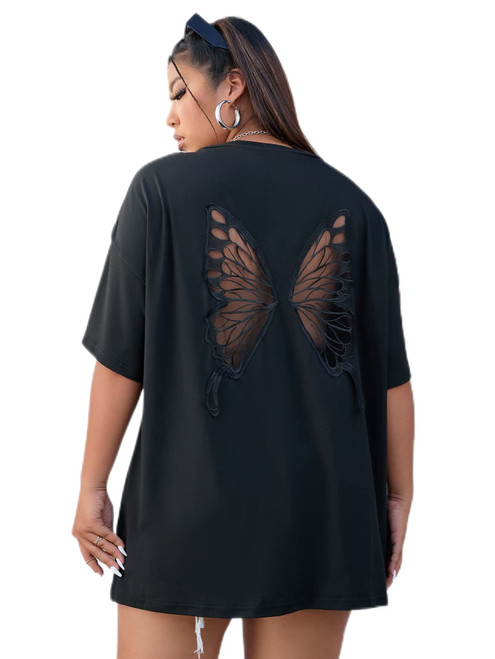 SOLY HUX Women's Plus Size Butterfly Embroidered Cut Out Back Half Sleeve T Shirt Casual Tee Tops Black 4XL