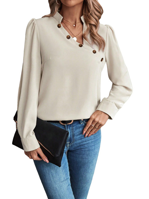 Floerns Women's Casual Asymmetrical Neck Long Puff Sleeve Button Front Blouses Shirts Apricot M