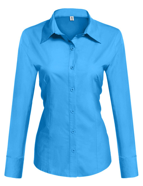 HOTOUCH Womens Long Sleeve Button Up Shirt Blouse Button Down Dress Shirts (Deep Sky Blue XL)