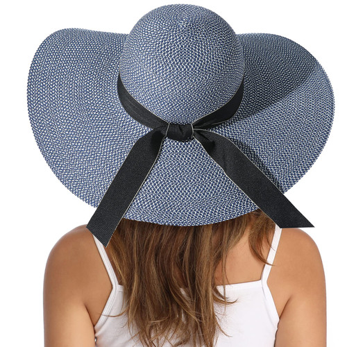 Lanzom Womens Wide Brim Straw Hat Big Floppy Foldable Roll up Cap Beach Sun Hat UPF 50+(Bowknot-Blue)