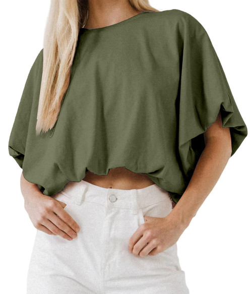 Women's Summer Crewneck Crop Tops Short Sleeve Casual Loose Cropped T Shirts Army Green
