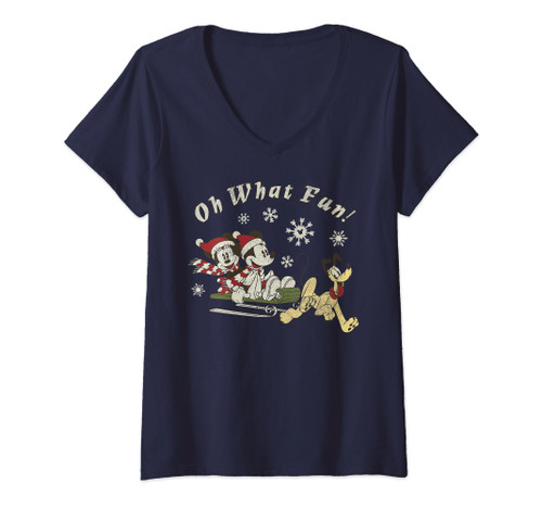 Disney Mickey Minnie And Pluto Oh What Fun Christmas Sled V-Neck T-Shirt