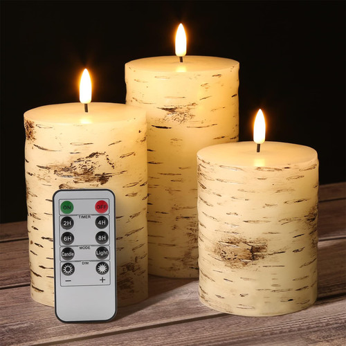 Girimax Flameless Birch Bark Pillar Candles with Remote, Real Wax Flickering LED Candles 1500+ Long Battery Life ? 3" H 4" 5" 6"