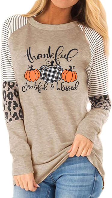 Thankful Grateful Blessed Print T Shirt Women Thanksgiving Pumpkin Long Sleeve Blouse Leopard Printed Striped Fall Tee Tops