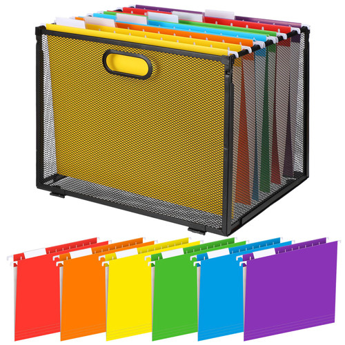 Estune Metal Mesh File Holder Letter Size with 6 Hanging File Folders File Cabinet Folders Desktop Hanging File Organizer Magazine Book Letter Storage Cabinets File Folder for Office School (9.8 Inch)