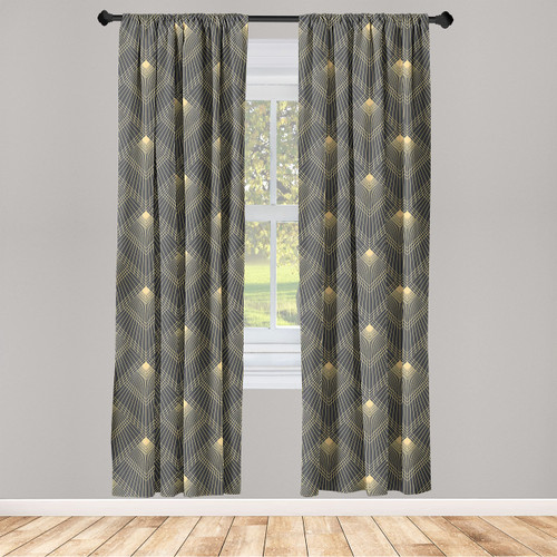 Ambesonne Art Deco Curtains, Geometric Retro Striped Square Scale Pattern Nostalgic Rhombus Shapes, Window Treatments 2 Panel Set for Living Room Bedroom, Pair of - 28" x 63", Dark Grey and Mustard