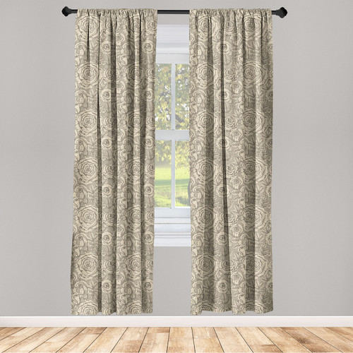 Ambesonne Vintage Curtains, Retro Engraved Floral Artwork Style of Repetitive Roses and Leaves, Window Treatments 2 Panel Set for Living Room Bedroom, Pair of - 28" x 63", Eggshell Sage Green Taupe