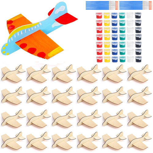 Shappy 24 Pack DIY Wood Planes with Decorate Tools Set Wooden Model Airplane DIY Balsa Wood Airplane with Paint Kits Handicraft Plane for Kids School Craft Birthday Carnival Party Decor Projects