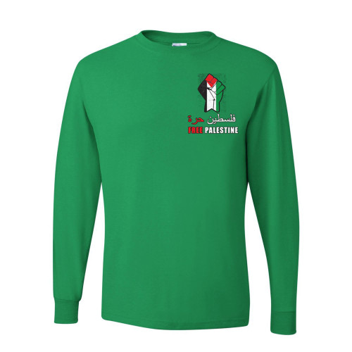 wild custom apparel Free Palestine Fist Flag Pocket ONLY Mens Long Sleeves, Kelly Green, 2XL