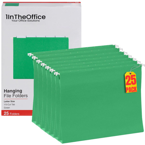 1InTheOffice Green Hanging File Folders Letter Size, Adjustable Tabs, Letter Size File Folders Hanging, File Cabinet Dividers, 25 Pack