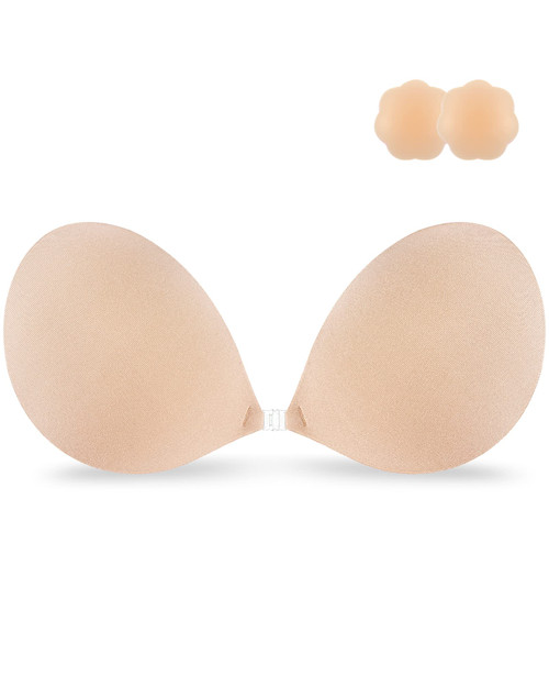 Niidor Adhesive Bra Strapless Sticky Invisible Push up Silicone Bra for Backless Dress with Nipple Covers Nude(F Cup)
