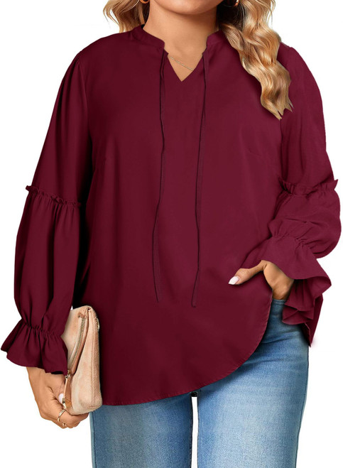 Eytino Women Plus Size Blouse Casual V Neck Ruffle Long Sleeve Drawstring Tops Shirts,Red 4X